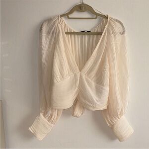 Zara Cream Pleated Blouse v neck sheer puff sleeves